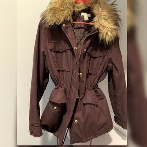 H&M BURGUNDY Cargo style Fur hooded jacket 12